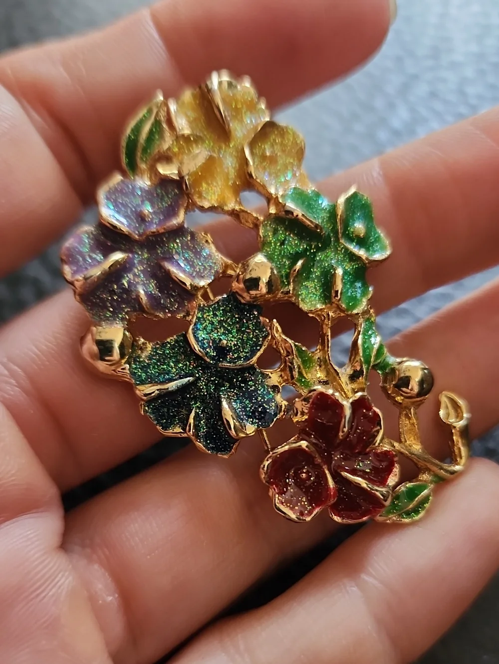 VTG Gold Floral Enamel Brooch with Multicolor Flowers